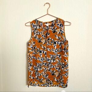 c&e marigold yellow keyhole sleeveless tank top black white blue floral print